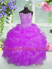 Fuchsia Spaghetti Straps Lace Up Beading and Ruffles and Pick Ups Little Girls Pageant Dress Sleeveless
