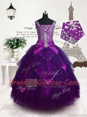 Excellent Purple Ball Gowns Tulle Straps Sleeveless Belt Floor Length Lace Up Kids Formal Wear