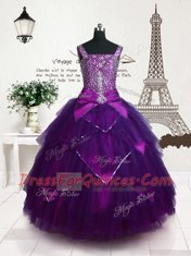 Excellent Purple Ball Gowns Tulle Straps Sleeveless Belt Floor Length Lace Up Kids Formal Wear