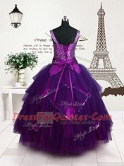 Excellent Purple Ball Gowns Tulle Straps Sleeveless Belt Floor Length Lace Up Kids Formal Wear