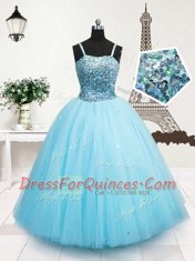 Turquoise Ball Gowns Tulle Spaghetti Straps Sleeveless Beading and Sequins Floor Length Zipper Little Girl Pageant Dress