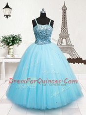 Turquoise Ball Gowns Tulle Spaghetti Straps Sleeveless Beading and Sequins Floor Length Zipper Little Girl Pageant Dress