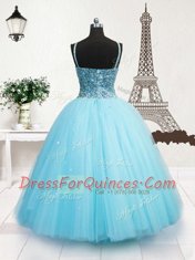 Turquoise Ball Gowns Tulle Spaghetti Straps Sleeveless Beading and Sequins Floor Length Zipper Little Girl Pageant Dress