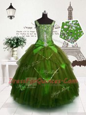 Olive Green Pageant Gowns For Girls Party and Wedding Party and For with Beading and Belt Straps Sleeveless Lace Up