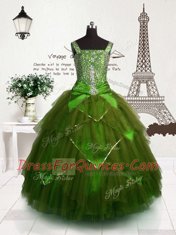 Olive Green Pageant Gowns For Girls Party and Wedding Party and For with Beading and Belt Straps Sleeveless Lace Up
