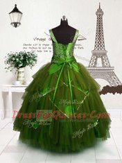 Olive Green Pageant Gowns For Girls Party and Wedding Party and For with Beading and Belt Straps Sleeveless Lace Up