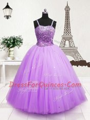 Lavender Little Girls Pageant Gowns Party and Wedding Party and For with Beading and Sequins Spaghetti Straps Sleeveless Zipper