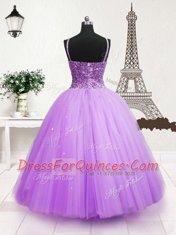 Lavender Little Girls Pageant Gowns Party and Wedding Party and For with Beading and Sequins Spaghetti Straps Sleeveless Zipper