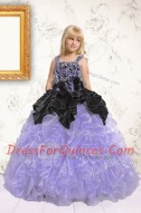 Lavender Lace Up Straps Beading and Pick Ups Kids Formal Wear Organza Sleeveless