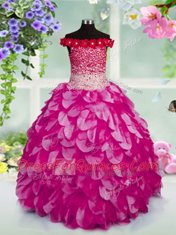 Custom Fit Fuchsia Child Pageant Dress Party and Wedding Party and For with Beading and Hand Made Flower Off The Shoulder Sleeveless Lace Up
