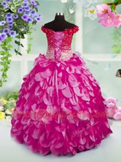 Custom Fit Fuchsia Child Pageant Dress Party and Wedding Party and For with Beading and Hand Made Flower Off The Shoulder Sleeveless Lace Up