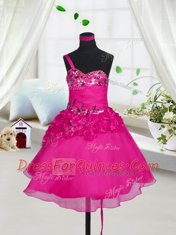Clearance Fuchsia Sleeveless Beading and Hand Made Flower Knee Length Pageant Gowns For Girls