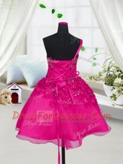Clearance Fuchsia Sleeveless Beading and Hand Made Flower Knee Length Pageant Gowns For Girls
