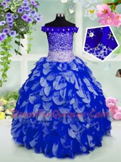 Customized Royal Blue Organza Lace Up Off The Shoulder Sleeveless Floor Length Little Girls Pageant Dress Wholesale Beading and Hand Made Flower