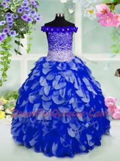 Customized Royal Blue Organza Lace Up Off The Shoulder Sleeveless Floor Length Little Girls Pageant Dress Wholesale Beading and Hand Made Flower