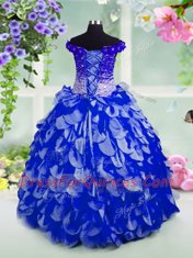 Customized Royal Blue Organza Lace Up Off The Shoulder Sleeveless Floor Length Little Girls Pageant Dress Wholesale Beading and Hand Made Flower