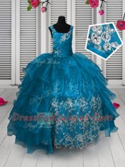 Exceptional Sleeveless Organza Floor Length Lace Up Little Girls Pageant Dress Wholesale in Aqua Blue with Appliques and Ruffled Layers