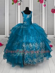 Exceptional Sleeveless Organza Floor Length Lace Up Little Girls Pageant Dress Wholesale in Aqua Blue with Appliques and Ruffled Layers