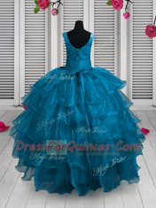 Exceptional Sleeveless Organza Floor Length Lace Up Little Girls Pageant Dress Wholesale in Aqua Blue with Appliques and Ruffled Layers