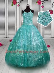 Custom Fit Turquoise Sleeveless Floor Length Beading and Sequins Lace Up Little Girls Pageant Dress