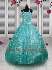 Custom Fit Turquoise Sleeveless Floor Length Beading and Sequins Lace Up Little Girls Pageant Dress