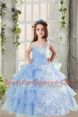 Unique Ruffled Floor Length Baby Blue Little Girls Pageant Dress Spaghetti Straps Long Sleeves Lace Up
