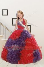 Red and Purple Halter Top Neckline Beading and Ruffles Little Girl Pageant Dress Sleeveless Lace Up