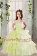 Sexy Light Yellow Ball Gowns Square Sleeveless Organza Floor Length Lace Up Lace and Ruffled Layers Kids Pageant Dress