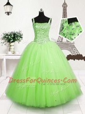 Great Sleeveless Tulle Floor Length Lace Up Kids Pageant Dress in Apple Green with Beading and Sequins