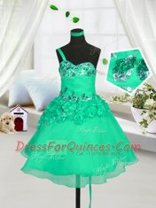 Knee Length Turquoise Flower Girl Dresses One Shoulder Sleeveless Lace Up