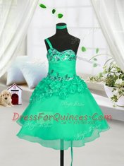 Knee Length Turquoise Flower Girl Dresses One Shoulder Sleeveless Lace Up