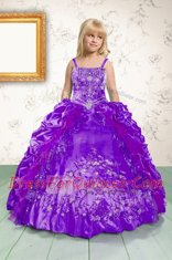 Fantastic Purple Satin Lace Up Flower Girl Dresses Sleeveless Floor Length Beading and Appliques and Pick Ups