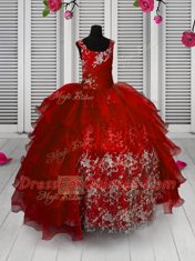 Dynamic Red Organza Lace Up Little Girls Pageant Dress Sleeveless Floor Length Appliques and Ruffled Layers
