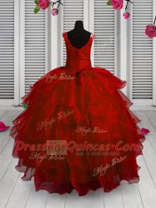 Dynamic Red Organza Lace Up Little Girls Pageant Dress Sleeveless Floor Length Appliques and Ruffled Layers