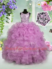 Lilac Ball Gowns Organza Scoop Sleeveless Ruffles and Sequins Floor Length Zipper Flower Girl Dress