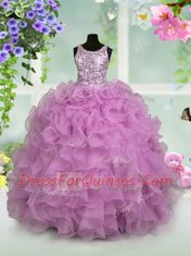 Lilac Ball Gowns Organza Scoop Sleeveless Ruffles and Sequins Floor Length Zipper Flower Girl Dress