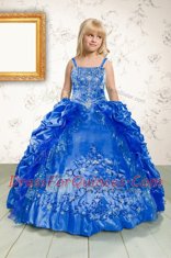 Blue Little Girls Pageant Dress Military Ball and Sweet 16 and Quinceanera and For with Beading and Appliques and Pick Ups Spaghetti Straps Sleeveless Lace Up