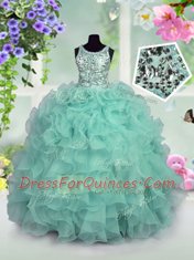 Turquoise Ball Gowns Organza Scoop Sleeveless Ruffles and Sequins Floor Length Zipper Pageant Gowns For Girls