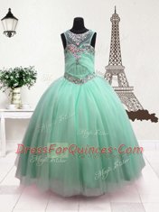 Classical Scoop Turquoise Ball Gowns Beading Kids Formal Wear Zipper Organza Sleeveless Floor Length