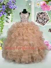 Custom Fit Scoop Sleeveless Organza Floor Length Zipper Kids Pageant Dress in Pink with Ruffles and Sequins