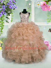 Custom Fit Scoop Sleeveless Organza Floor Length Zipper Kids Pageant Dress in Pink with Ruffles and Sequins