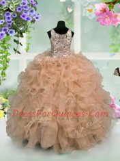 Custom Fit Scoop Sleeveless Organza Floor Length Zipper Kids Pageant Dress in Pink with Ruffles and Sequins