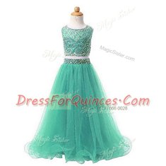 Scoop Beading Flower Girl Dress Blue Lace Up Sleeveless Floor Length