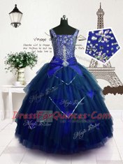 Royal Blue Ball Gowns Straps Sleeveless Tulle Floor Length Lace Up Beading and Belt Flower Girl Dresses