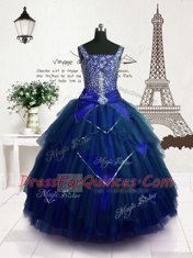 Royal Blue Ball Gowns Straps Sleeveless Tulle Floor Length Lace Up Beading and Belt Flower Girl Dresses
