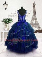 Royal Blue Ball Gowns Straps Sleeveless Tulle Floor Length Lace Up Beading and Belt Flower Girl Dresses