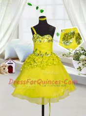 Organza Sleeveless Mini Length Little Girls Pageant Dress and Beading and Appliques and Hand Made Flower