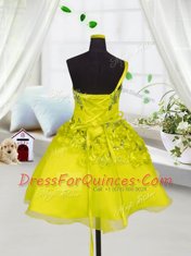 Organza Sleeveless Mini Length Little Girls Pageant Dress and Beading and Appliques and Hand Made Flower
