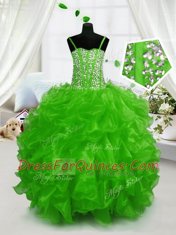 Green Spaghetti Straps Lace Up Beading and Ruffles Flower Girl Dress Sleeveless