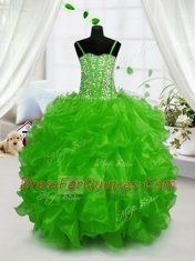 Green Spaghetti Straps Lace Up Beading and Ruffles Flower Girl Dress Sleeveless